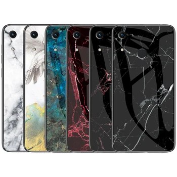 

50pcs/lot For Huawei Y6 2019 Hard Tempered Glass Soft Edge Marble Pattern Hard Case For Huawei Honor 8A with fingerprint Hole