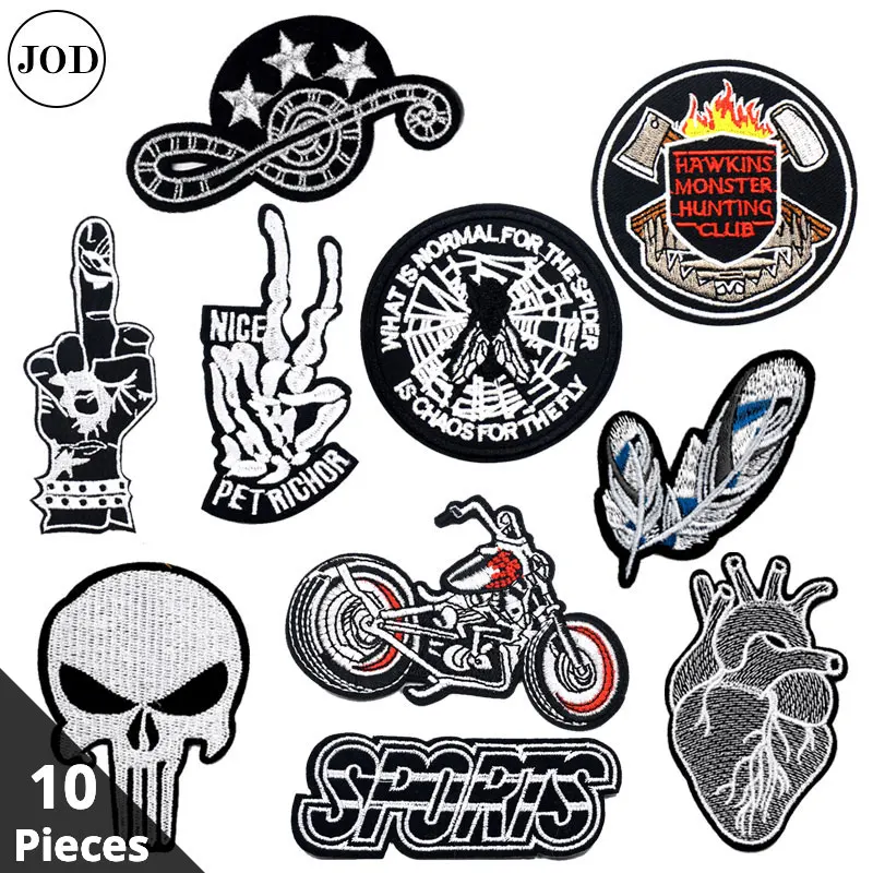 

10 pieces Iron Patches for Clothing Skull Embroidery Patch on Clothes Stripe Stickers Iron on Clothes Patch Biker Ironing Badges