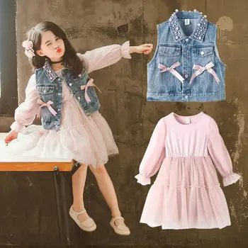 

2020 Teenage Girls Clothing Set Fashion Children Autumn Suit For Girls Denim Jackets Jeans + Long Sleeve Dress Ensemble Fille 12
