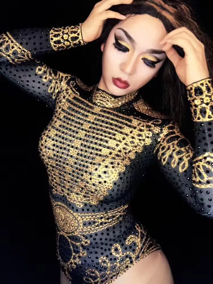 

Sexy Beyonce Bodysuit Black Gold long Sleeve Leotard Outfits Stage Clothes for Singers Rhinestones Jumpsuit Costumes Dancers