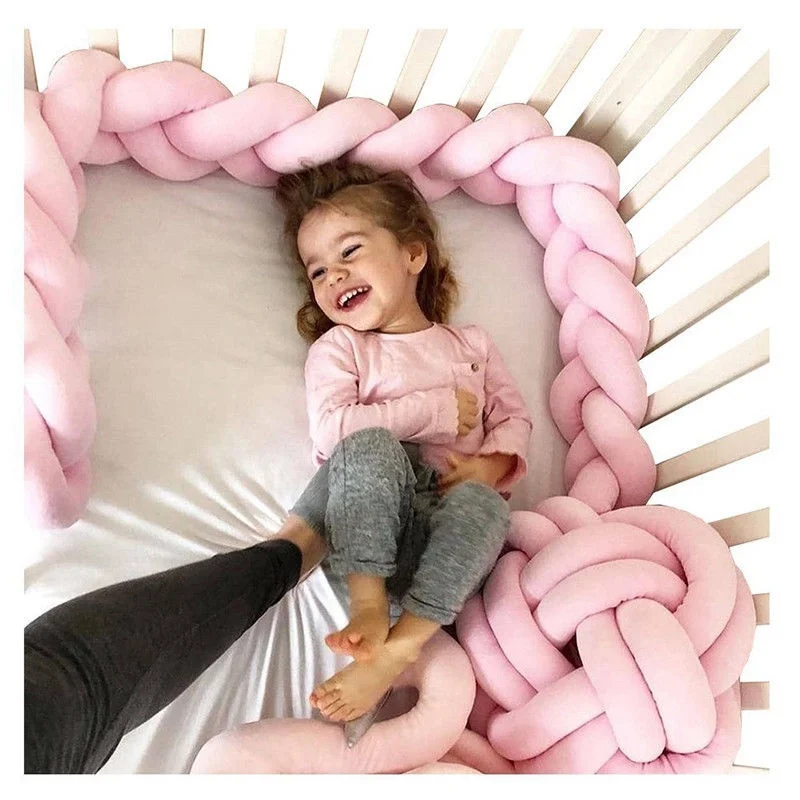 

200cm Length Baby Bed Bumper Knot Pillow Kids Bed Cot Protector Pure Color Weaving Plush Crib Protector Baby Infant Room Decor