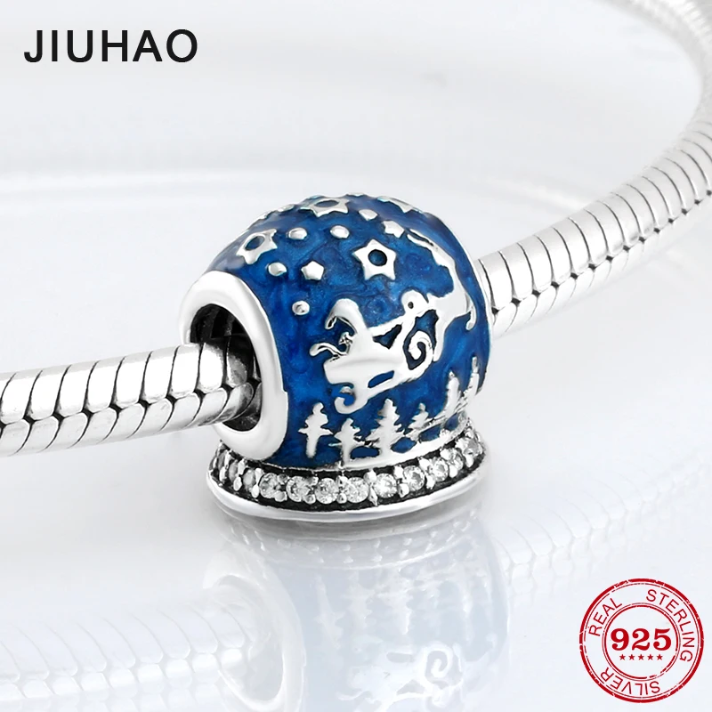 

925 Sterling Silver Santa Claus and deer blue Enamel wish ball beads Fit Original Pandora Charm Bracelet Jewelry making
