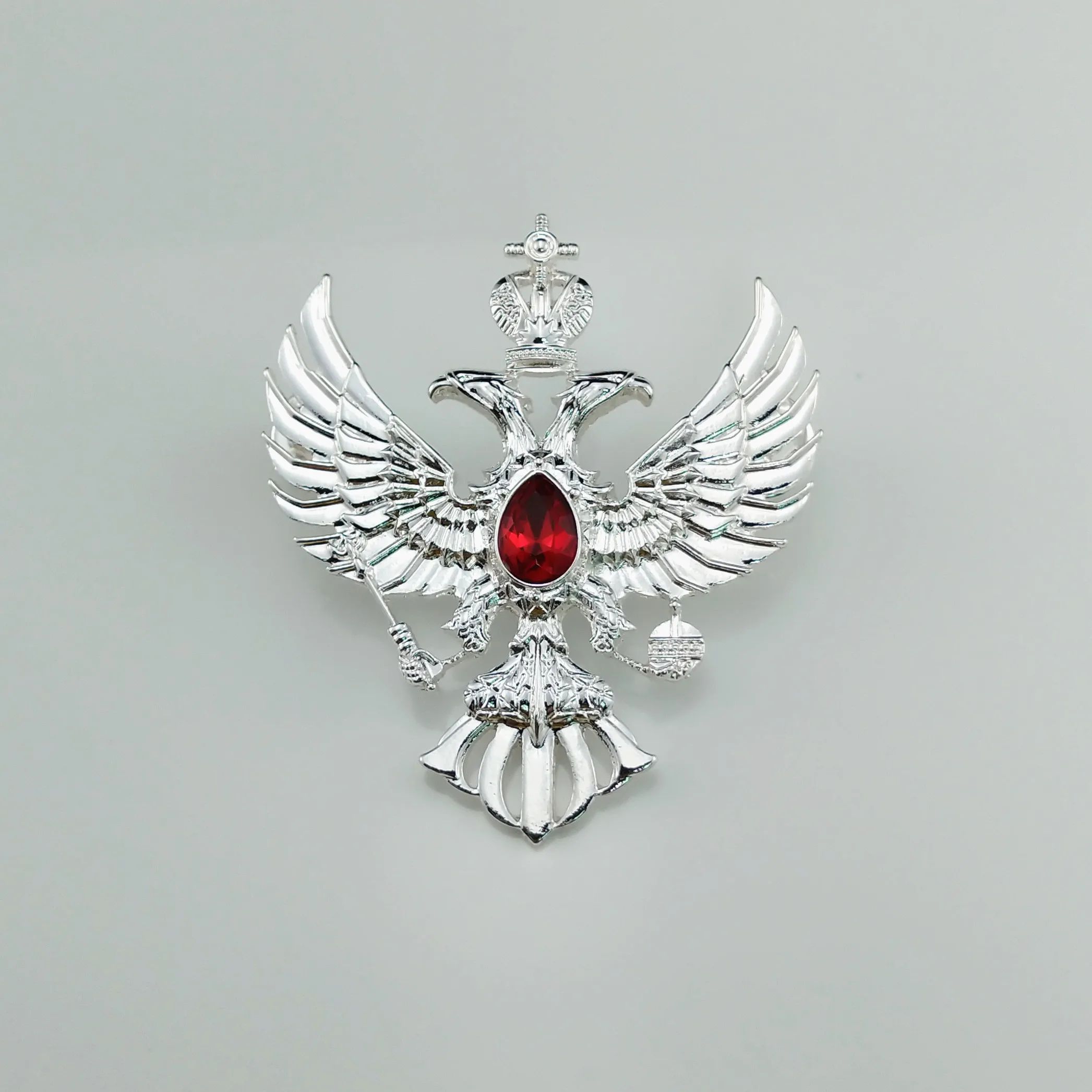 WR Russian Double Headed Eagle Lapel Pin Silver Rhinestone Brooch Gifts For Men 