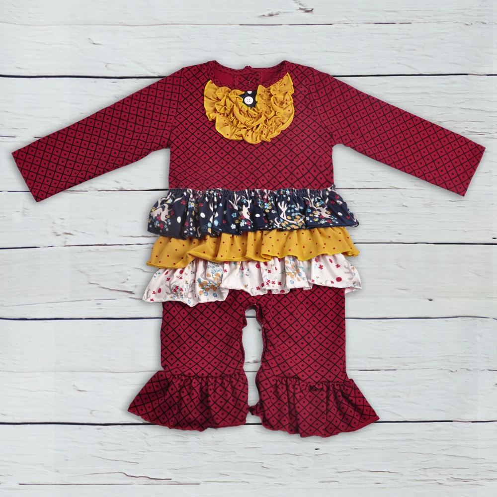 

Christmas Fashion New Arrival Baby Romper Hot Wine Cotton Print Ruffle Rompers Newborn Fashion Jumpsuit GPF809-301