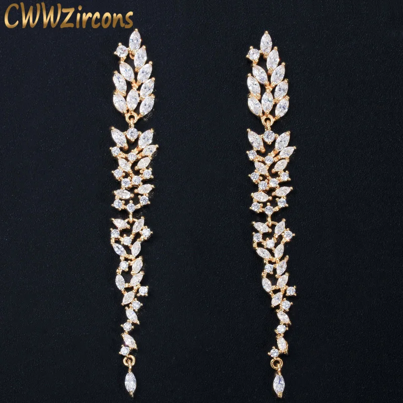 

CWWZircons Exquisite Wedding Design Leaf Ear Line Long Dangle Drop Earring Jewelry Cubic Zirconia Brincos for Women Bijoux CZ578