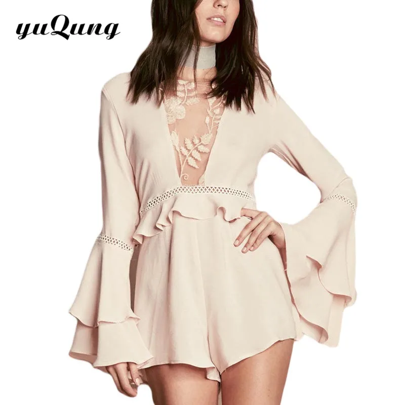 Yuqung Женщины Ползунки вышивкой Flare рукавом Playsuit полые Уличная Сексуальная