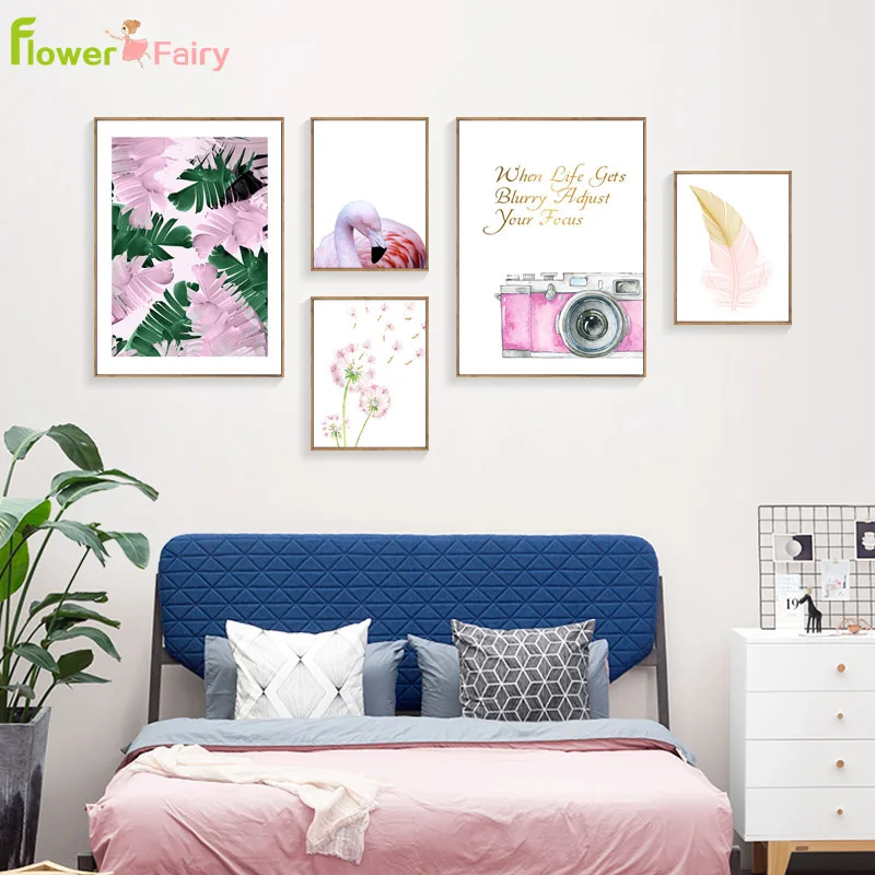 

Pink Leaf Rose Flowers Landscape Wall Art Canvas Painting Quotes Nordic Poster Flamingo Wall Pictures For Living Room Unframed