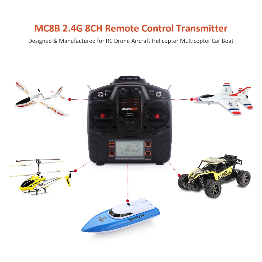 

Microzone MC8B 2.4G 8CH RC Transmitter MC8RE 9CH Receiver for RC Car Boat Drone Aircraft Helicopter Multicopter Universal