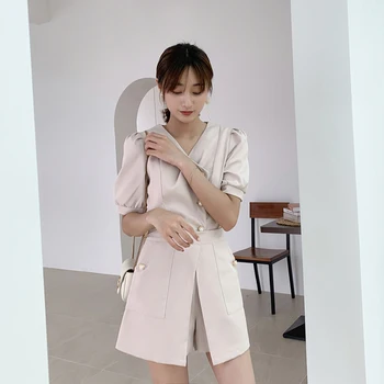 

Summer Double Breasted Puff Sleeve Office Lady Single Breasted Blouse Short Sets For Women Chic Two Piece Office Woman Sets