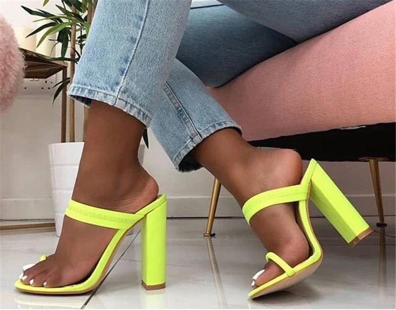 

2019 Women Summer 10.5cm High Heels Block Thick Heels Neon Sandals Lady Chunky Pumps Female Green Slipper Mules Shoes YMN-14