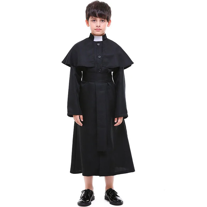 Kid Boys Halloween Church Choir Clergy Priest Costume Gown Dress Black