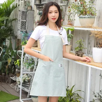 

Anti-fouling waterproof sleeveless one-piece apron Korean double-layer fashion striped cotton and linen apron hanging neck work