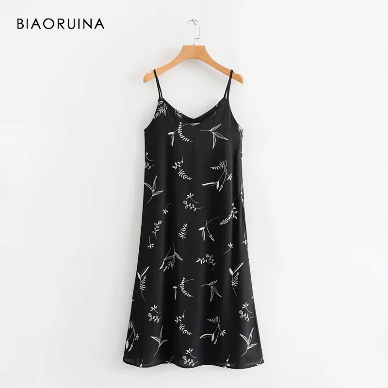 

BIAORUINA Women Black Sleeveless Midi Dress V-neck Holiday Beach Dress Women's High Waist Printed Casual Dress Vestidos