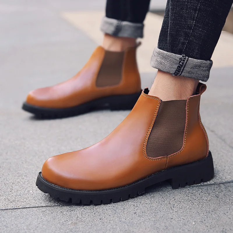 

Ankle Round Toe Zip Men Chelsea Boots Sewing Solid Vintage Motorcycle Boots Fashion British Style Shoes