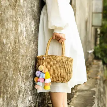 

Handmade Boho PomPom Tassels Bag Accessories Ornament for Beach Straw Bag Handbag Colorful Pom Pom Handbag Pendant