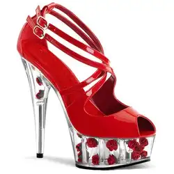 Сексуальные туфли женские туфли-лодочки сверхвысоких открытый носок широко открытым носком Романтика Роза Туфли на высоком прозрачном