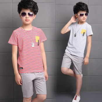 

2018 New arrival Summer children suit boy striped clothing sets two-piece short sleeve + pants sportswear 2 colors 3-13 ages