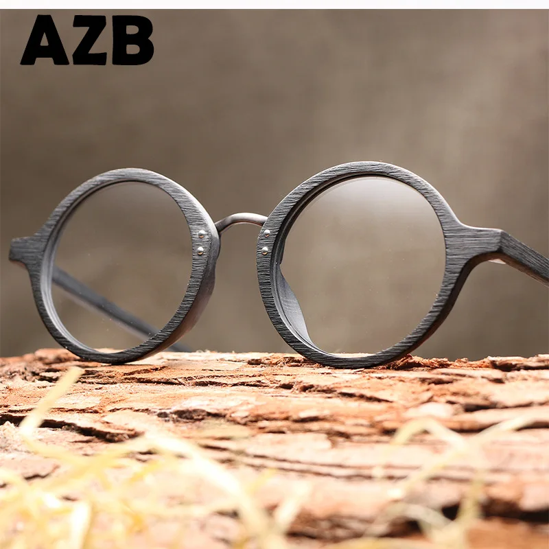 Cena AZB drewniana okrągła oprawka spektakl Retro okulary z przezroczystymi szkłami dla kobiet mężczyzn oprawki okularowe z drewna przepis okulary ramka