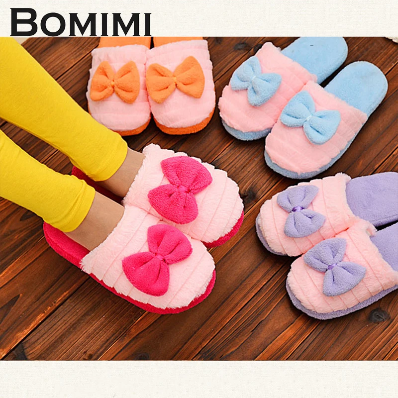 

BOMIMI Women Cotton slippers Cute Bow family slippers Floor Soft Slippers Female Warm Shoes Ladies High Quality