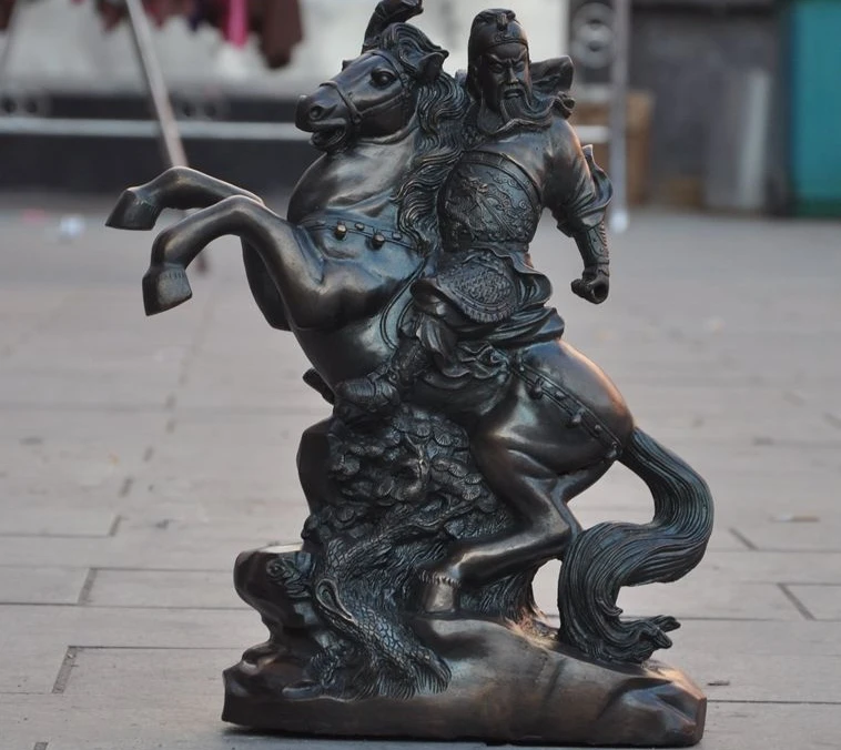 

China Bronze Ride Horse Dragon Guanyu GuanGong warrior Generals Statue sculpture