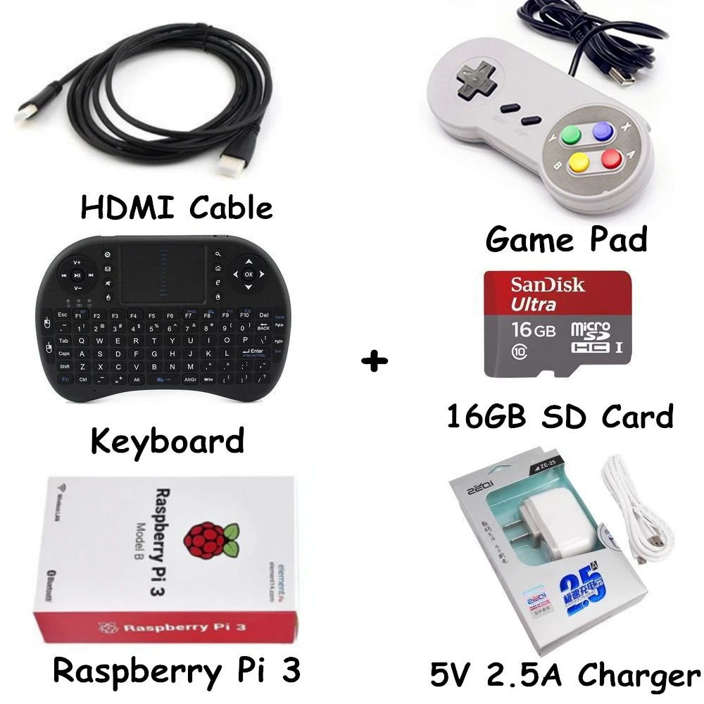 Raspberry Pi Retropie Consola de Juegos Kit Raspberry Pi 3 Modelo B & 16 GB  Tarjeta SD y el Cable HDMI y el Teclado y Game pad y 5 V 2.5A  Cargador|raspberry