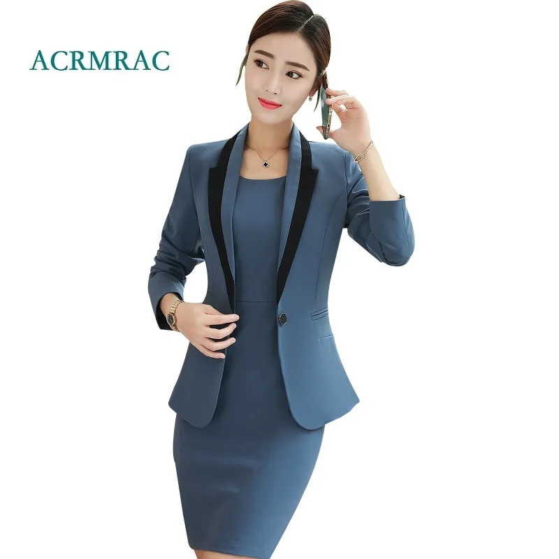 

ACRMRAC Dress suit Long sleeve Slim Stitching jacket Long dress OL Formal Women dress suits Dress women