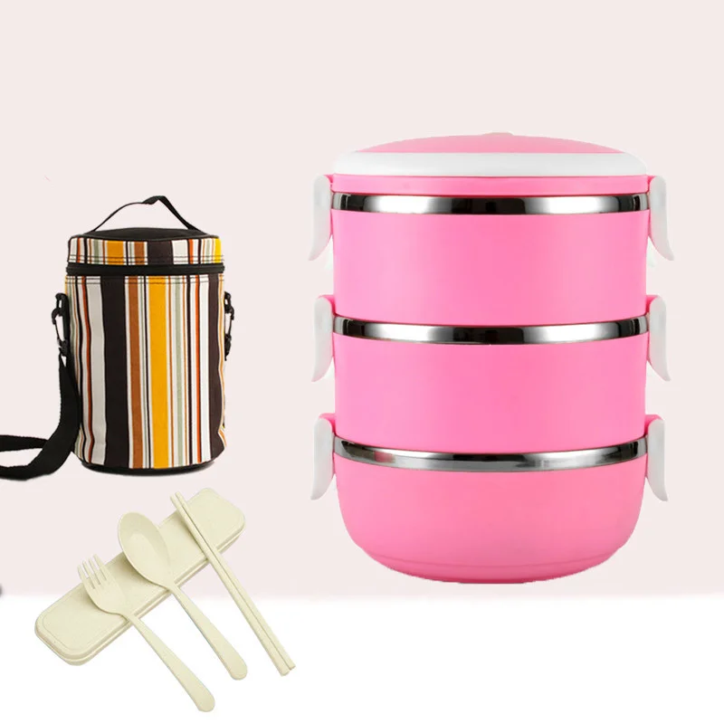 Pink 3 Layer And Bag Корейский герметичный контейнер для хранения еды из нержавеющей стали, Термопластик, портативный контейнер для пикника, бэнто, Ланч-бокс, изысканные наборы посуды - Цвет: Pink 3 Layer And Bag
