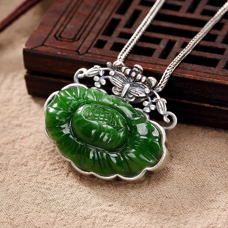 

S925 Sterling Silver Antique Matte And Tian Biyu Inlaid Lotus Flower Lady High-end Sweater Chain Pendant Wholesale