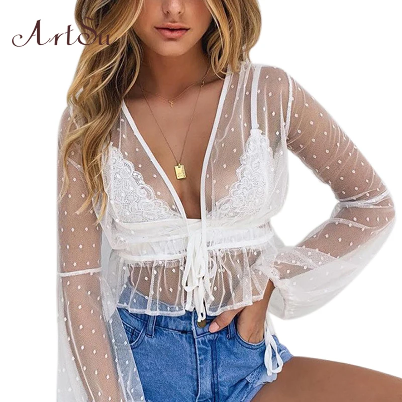 

ArtSu Polka Dot White Blouse Women Summer Cardigan Long Sleeve Bohemian Top Sexy Blouse Crop Sheer Top Shirt Ladies ASBL20436