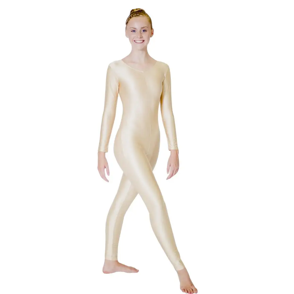 Белый блестящий комбинезон из лайкры с длинными рукавами, комбинезон для танцев, гимнастики, для женщин, девочек, детей ясельного возраста, полный размер - Цвет: Nude