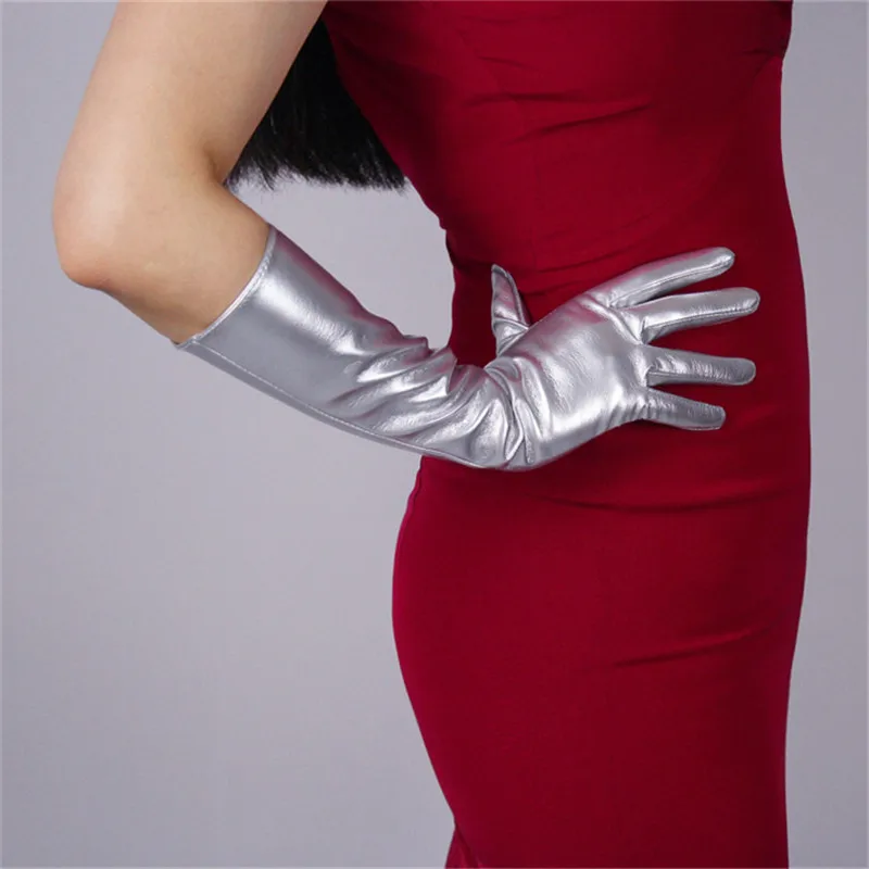 Fashion Silvery Patent Leather Woman's Gloves Faux Genuine Leather PU Leather Gloves 40cm Long Female Mittens P48-2