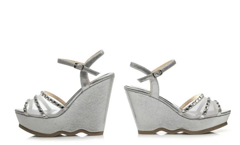 41_2016 Summer Fashion Elegant Footwear Peep Toe Black High Heeled Platform Sandals Silver Diamond Wedges Shoes Women Small Size
