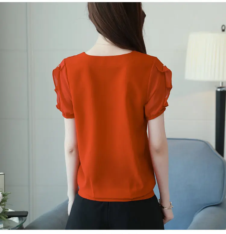 2018 Newest Beading Top Ladies Chiffon Blouse Women Tops O-neck Short Sleeve Femme Shirts Summer Red Blusas Mujer Verano Moda (8)