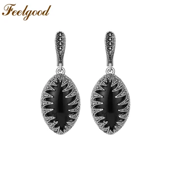 

Feelgood Antique Silver Color Jewelry Vintage Black Marquise Resin And Crystal Earrings For Women Fashion Wedding Party Gift