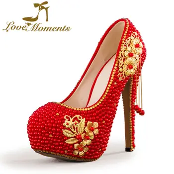

Love Moments Women Red Pearl wedding shoes bride dress high heels pumps platform wedding dress party Pumps Fashion Spring Shoes