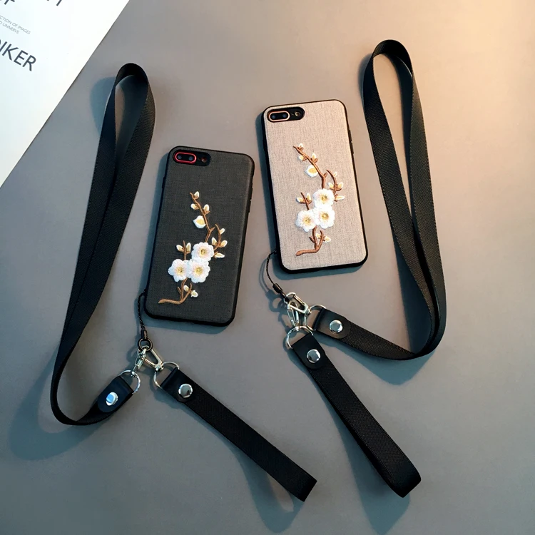 

For iPhone 6s Case 7 8 Plus 3D Handmade Fabric Cloth Embroidery Rose Flower Phone Cover For iPhone X XR XS MAX Case with strap