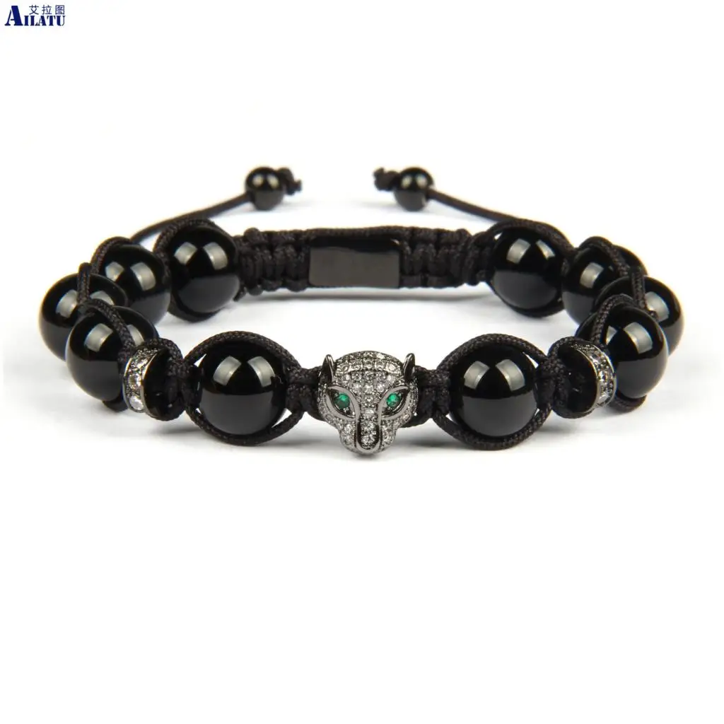 

Ailatu New Clear Cz Leopard Braiding Panther Bracelet with 10mm Natural Black Onyx Stone Beads