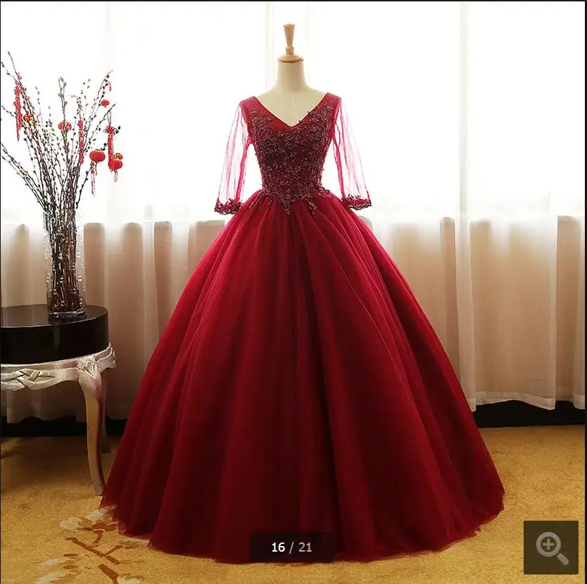 Красный Vestido De Novia Дешевое бордовое кружевное платье для выпускного вечера бальное платье с кружевной аппликацией Бисероплетение платье для выпускного вечера с блестками v корсет с воротником-стойкой платья для выпускного вечера - Цвет: Красный
