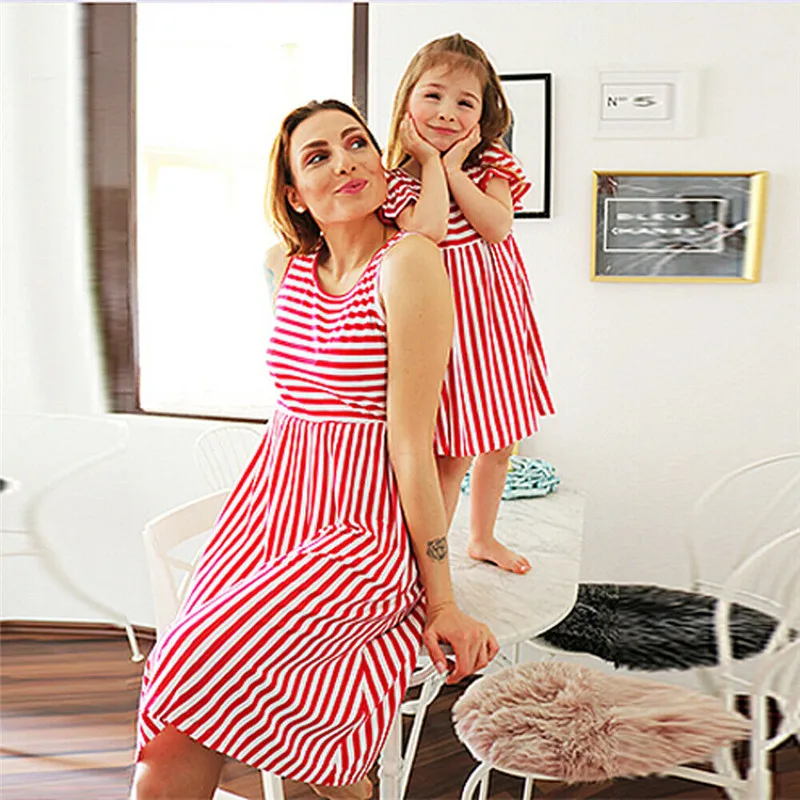 

New Mother Daughter Matching Dress Women Girls Stripe Dress Family Clothes Dress Mother Daughter Matching Clothes Sleeveless