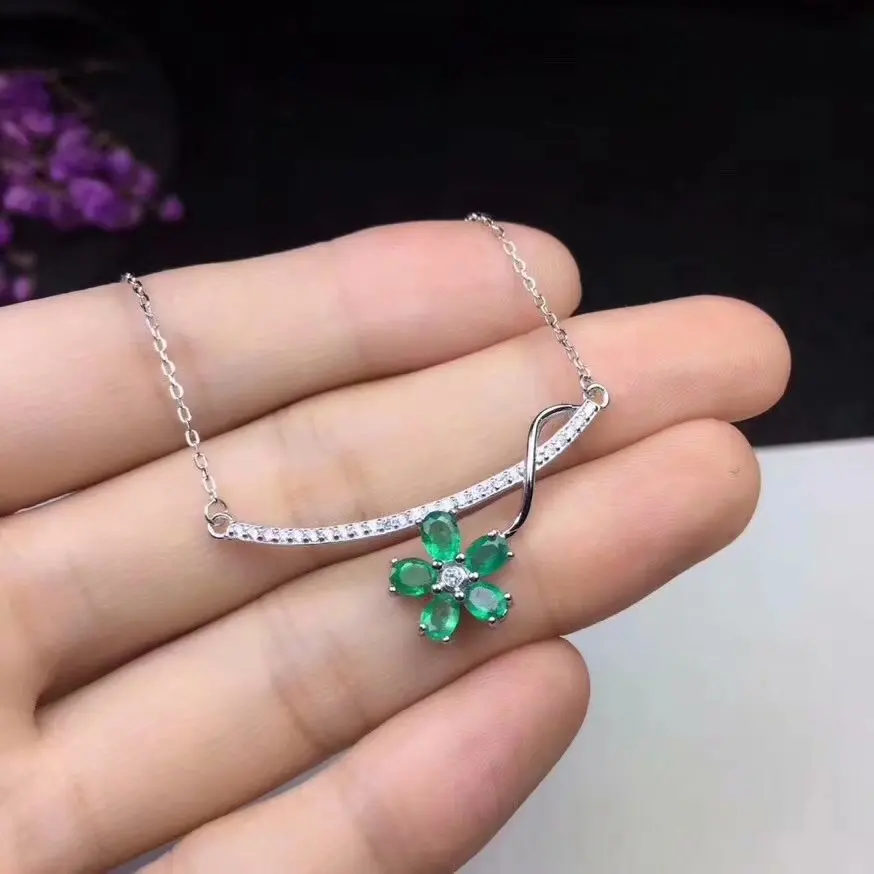  Chaîne de mode fleur naturel vert émeraude gem collier naturel pierre gemme pendentif collier S925 