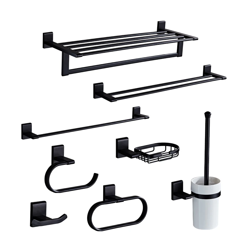 

European black towel rack, bathroom copper storage shelf, simple black toilet brush soap net, bathroom hardware pendant set