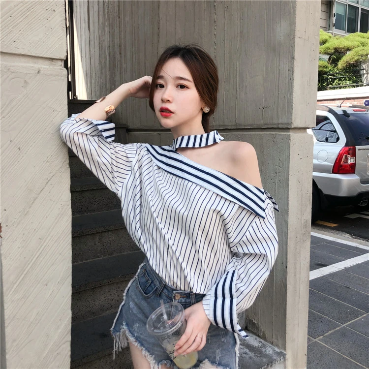 Off shoulder striped shirt long sleeve Clearance