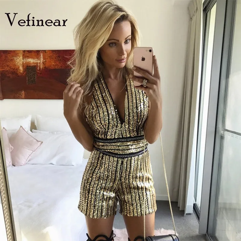 Vefinear golden Sequined Birthday Party Jumpsuit Rompers Laser Sequin