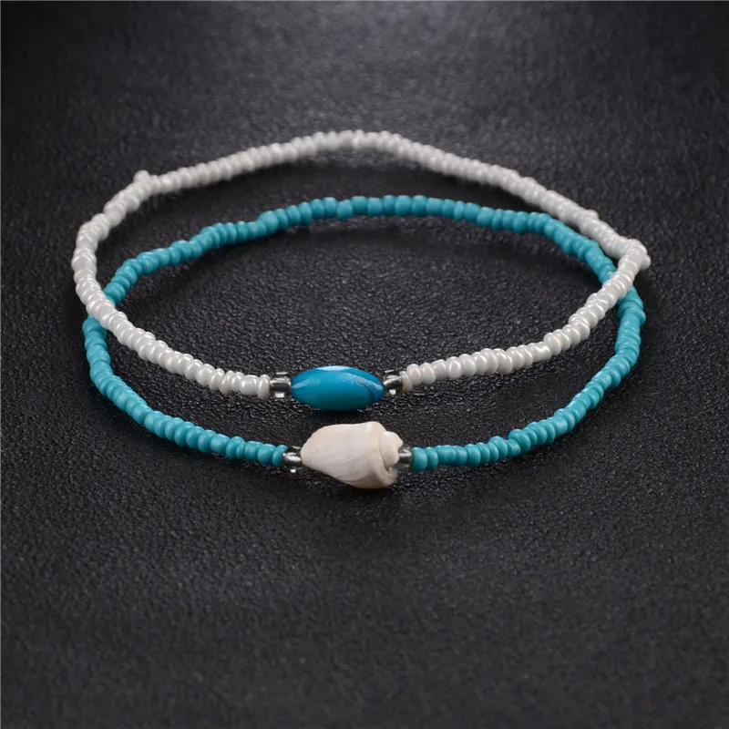 NEWBUY 2pcs/Set Blue/White Color Beads Ankle Bracelet Hot Sale Natural Shell Anklets For Women Bohemian Jewelry Wholesale