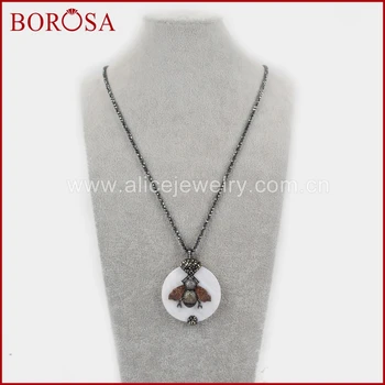 

BOROSA Hot New 30" Micro Pave CZ Insect Charm Round White Shell Pendant with Hematite Stone Beads Necklace for Women JAB868