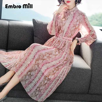 

High-end spring The New Shirt collar fairy printing Pleated dress Waist Slim elegant Celebrity style A-line dress S-XL
