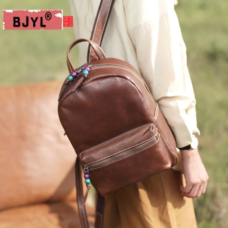 BJYL новый коричневый кожаный сумка Для женщин сумка Колледж ветер Винтаж Англия большой Ёмкость первый Слои кожаный рюкзак