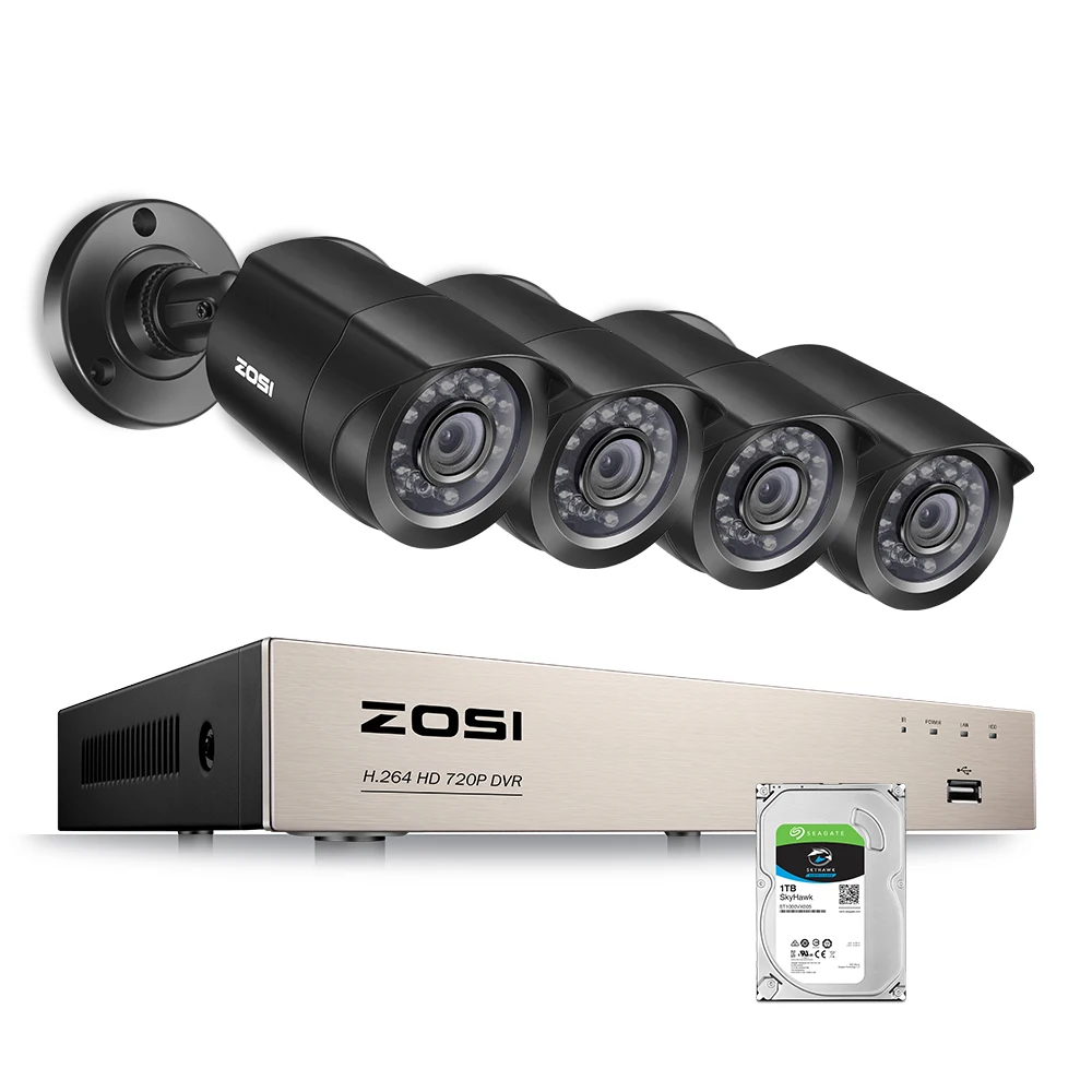 ZOSI домашние системы безопасности 4CH HD-TVI 1080N DVR 4 шт. 1280TVL 720 P Ночного Видения Наружного Наблюдения Водонепроницаемый Камера комплекты