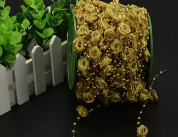 

30Meter 1Spool Handmade Silver/Gold Rose Flower Pearl Bead Chain Garland Hair Stying Wedding Christmas Decoration Craft DIY