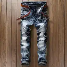 Новые Роскошные Bbrand Модные Мужские Разорвал Райдер Байкер Джинсы Slim Fit Плиссированные Мотоцикл Джинсовые Бегунов Мужской Грузов Жан Брюки 29-38